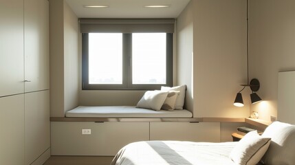A contemporary bedroom with a sleek, built-in window seat and a minimalist, wall-mounted reading light