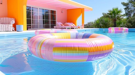 Striped inflatable pool floats in a clear, luxurious pool at a modern vacation home. Suitable for summer vacation promotions, luxury lifestyle blogs, and pool party advertisements