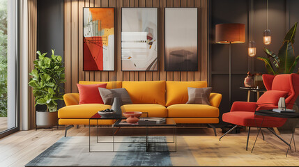 Vibrant and stylish furniture arrangement in a modern living room, creating a dynamic visual impact