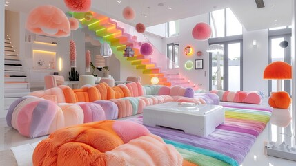 Vibrant living room featuring a rainbow staircase and eclectic decor in a maximalist style. Ideal for interior design showcases, lifestyle magazines, and modern home decor blogs