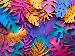 Brightly colored tropical leaves arranged against a purple background, ideal for vibrant designs, party invitations, and tropical-themed graphics