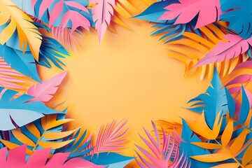 Colorful tropical leaves arranged on a yellow background, perfect for vibrant designs, summer invitations, and botanical graphics