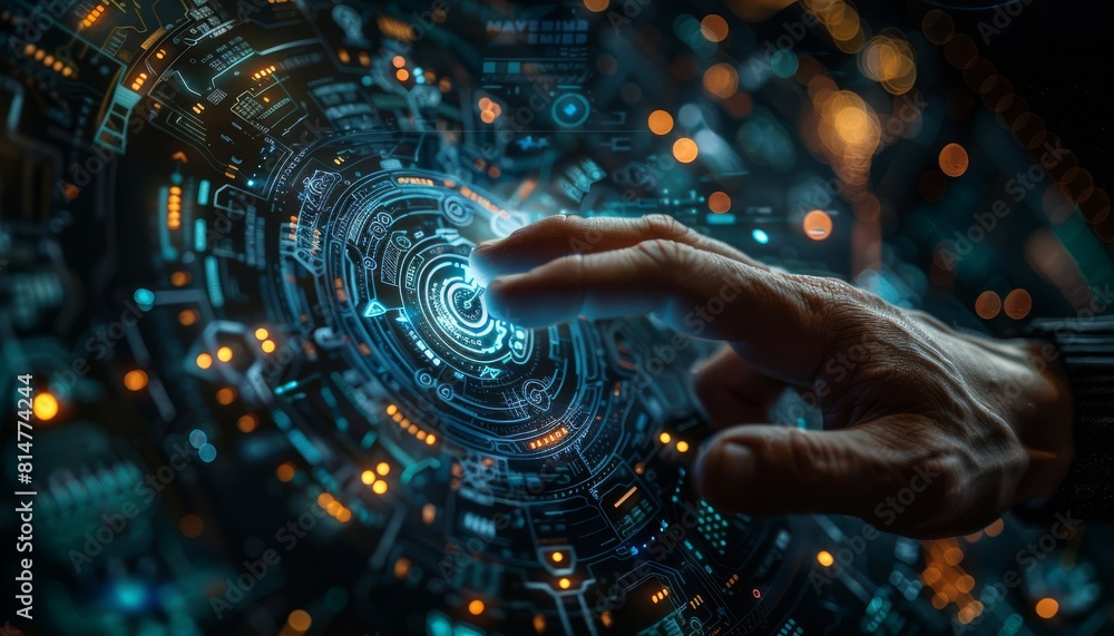 Aufkleber businessman interacting with advanced ai technology interface in a futuristic setting