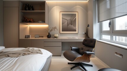 Fototapeta premium A contemporary bedroom with a minimalist, built-in desk and a sleek, designer chair