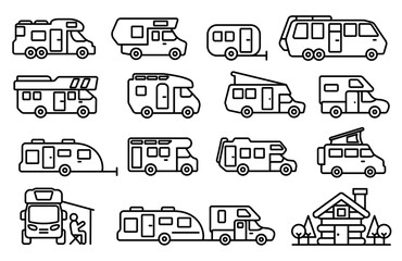Camper van line icon collection