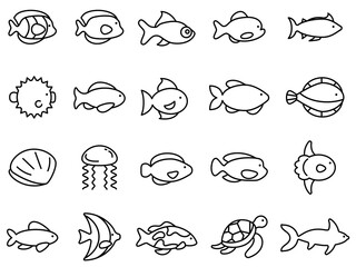 Fish simple line icon collection