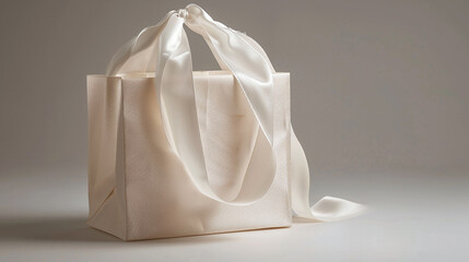 A studio shot with a neutral background, highlighting the pristine whiteness of the paper bag and the luxurious sheen of the silk handles under perfect lighting conditions.