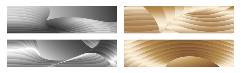 Wavy silver and gold parallel gradient lines, ribbons, silk. Set of 4 backgrounds. Black and white with shades of gray or golden silk. Banner, poster. eps vector
