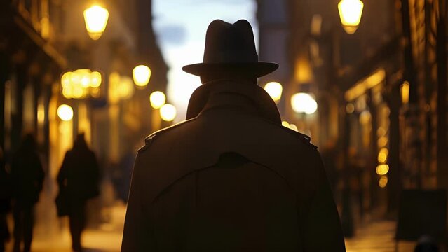 A shadowy silhouette of a figure in a trench coat and hat creating a sense of intrigue and urgency in the atmospheric streets of a bustling Victorian city. .