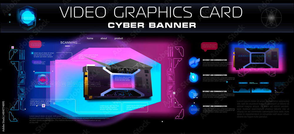Poster realistic video card for computer on futuristic background. cyberbanner with graphic digital model o