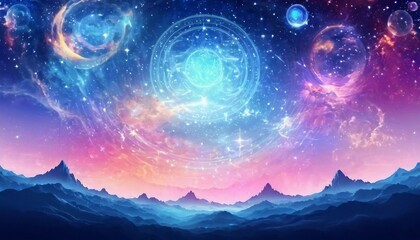 Fototapeta premium Abstract celestial meditation background with serene cosmic landscapes and spiritual motifs.