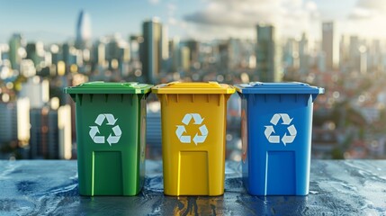 Container trash bin for recycling with city background. Yellow, green, blue bins