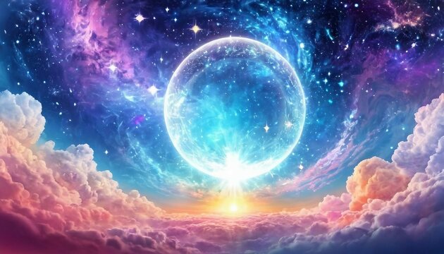 Abstract celestial meditation background with serene cosmic landscapes and spiritual motifs.