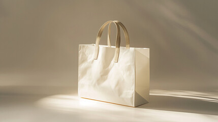 Soft, diffused light gently illuminating the white paper bag with silk handles, casting subtle shadows that accentuate its elegant contours and delicate craftsmanship.