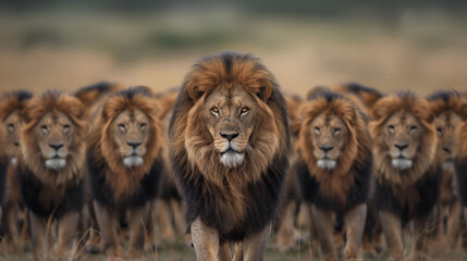A group of lions running in  the field chasing the forest. ai generative © Nazia