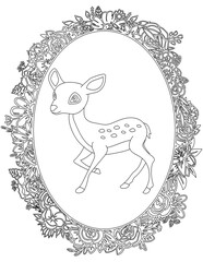 Deer in A Floral Frame Coloring Page. Printable Coloring Worksheet for Kids. Educational Resources for School and Preschool.