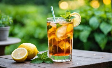 Iced tea with lemon and mint outdoors