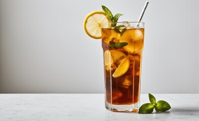 Fototapeta premium Refreshing iced tea against white background