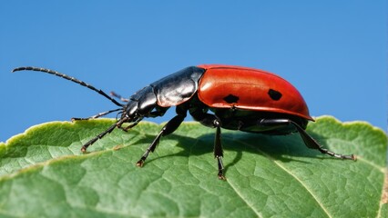 Close-up of a beetle on a green leaf - Powered by Adobe