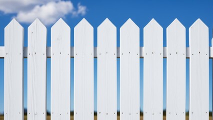 Fototapeta premium Close-up of a white picket fence against blue sky
