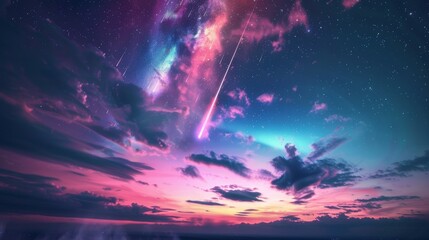 Digital visualization of a meteor causing colorful auroras in the sky, natural beauty and scientific phenomenon