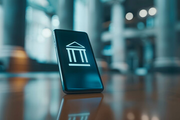 Fototapeta premium Smartphone screen displaying a bank icon application represents the use of services and online financial transactions, online banking or digital banking