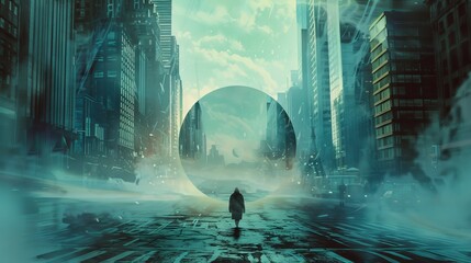 Photomanipulation of a portal in a double exposure cityscape, surreal and layered