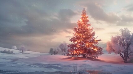 An artistic 3D animation featuring a soft orange Christmas tree with subtle shimmering lights, set in a tranquil snowy landscape, suitable for serene holiday visuals
