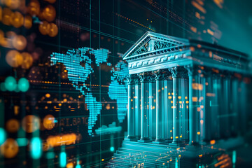 A bank model set against a digital world map backdrop, showcasing the globalization of banking services