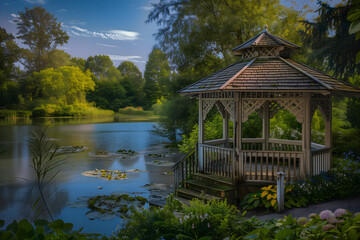 Obraz premium Gazebo in a park next to pond.
