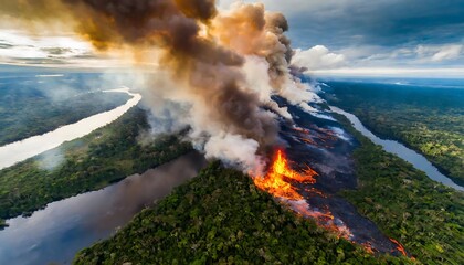 Aerial view of Huge wildfire or forest fire, Trees Burning with Orange Smoke
