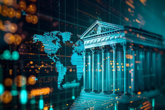 A bank model set against a digital world map backdrop, showcasing the globalization of banking services