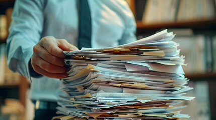 Businessman analyzing a financial report or reviewing a balance sheet surrounded by data and information, indicating careful financial planning