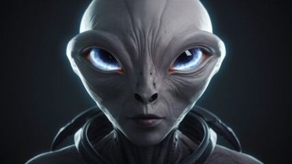 Alien creature with blue eyes and silver skin