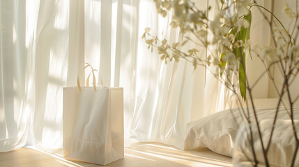 Soft, natural light filtering through sheer curtains, casting a warm, inviting glow on the white paper bag with silk handles, creating an atmosphere of understated luxury.