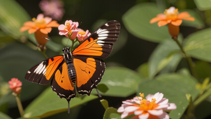 A monarch butterfly with open wings is perched on a flower. The butterfly is mostly orange with...
