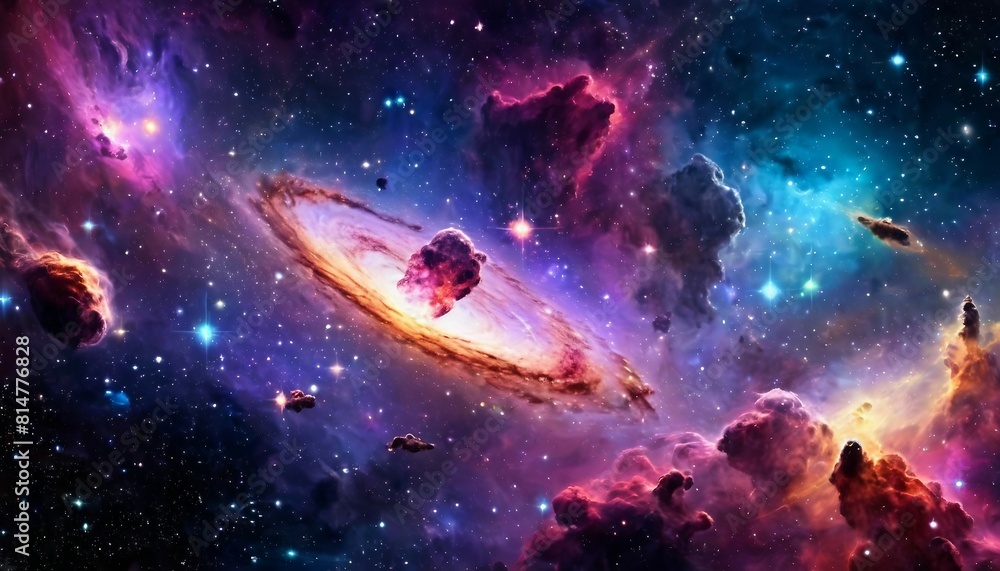 Wall mural abstract cosmic voyage background with spacecraft exploring distant galaxies and nebulae.