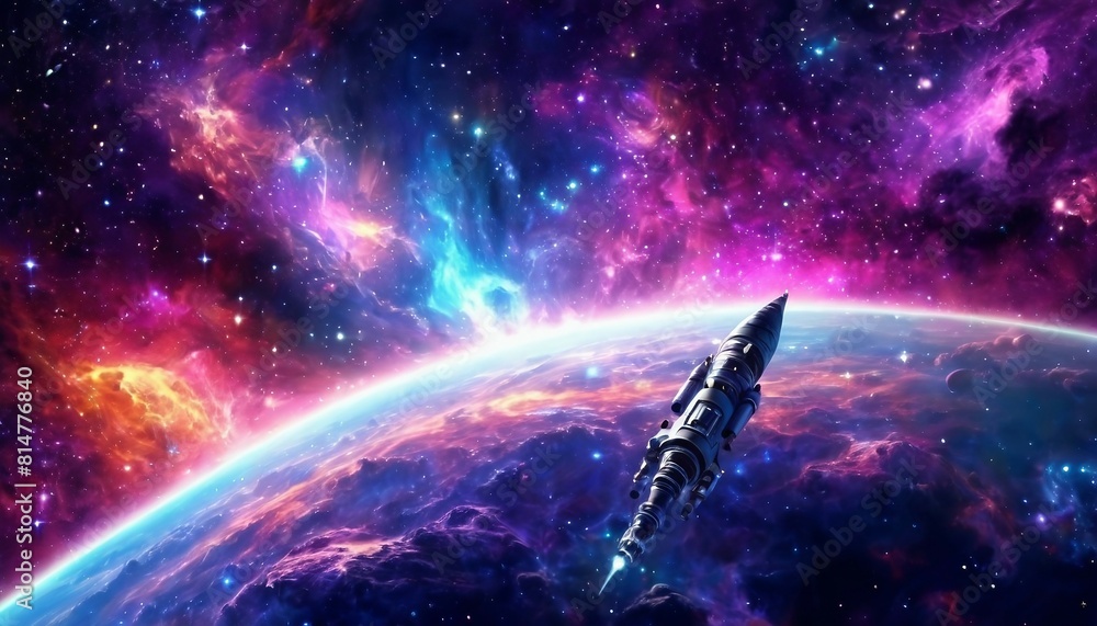 Wall mural abstract cosmic voyage background with spacecraft exploring distant galaxies and nebulae.