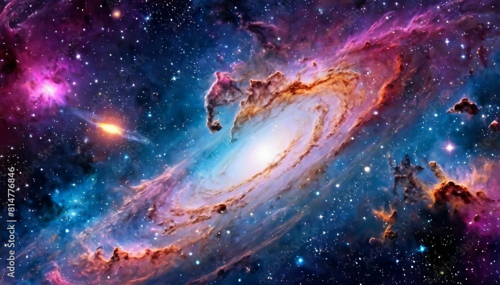 Wall mural abstract cosmic voyage background with spacecraft exploring distant galaxies and nebulae.