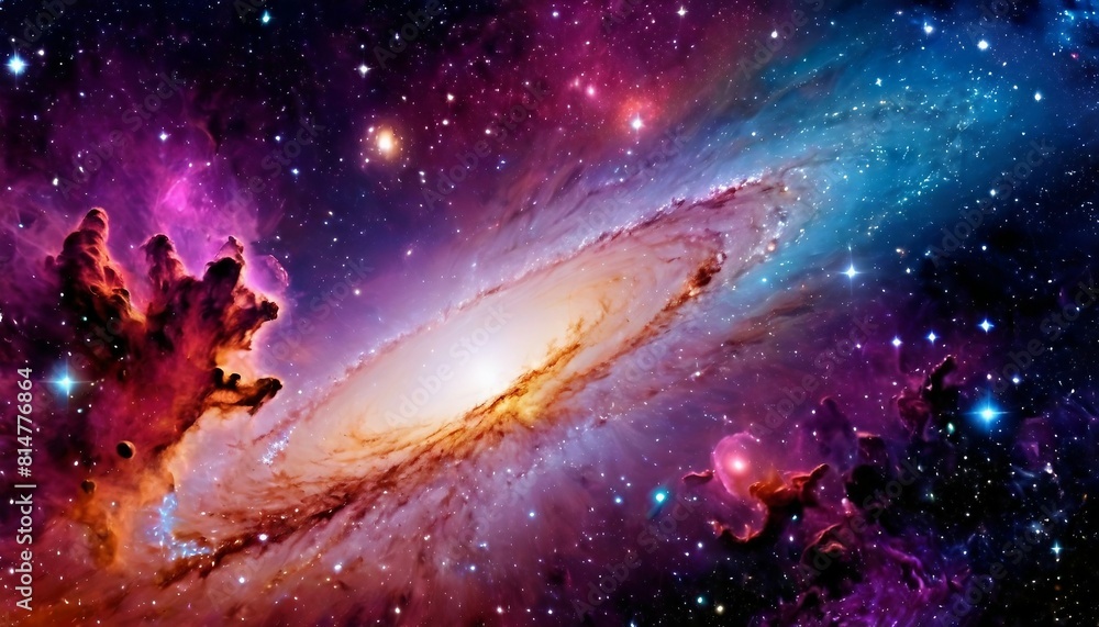 Wall mural abstract cosmic voyage background with spacecraft exploring distant galaxies and nebulae.