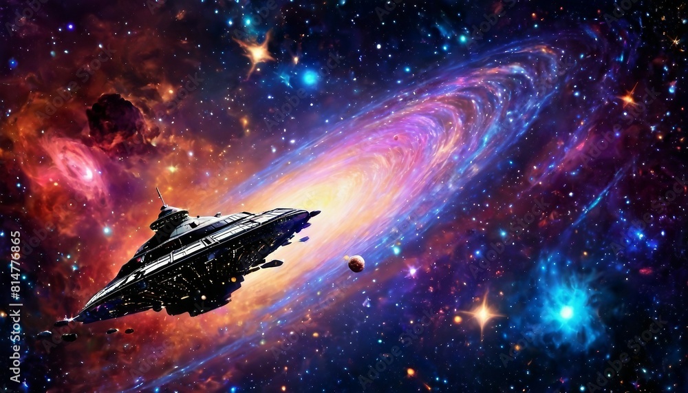 Wall mural abstract cosmic voyage background with spacecraft exploring distant galaxies and nebulae.