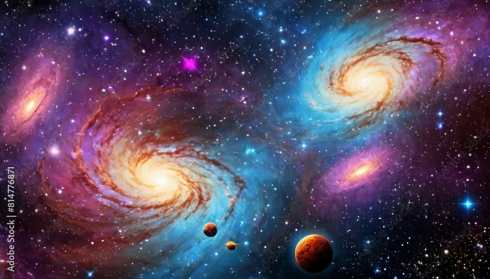 Poster abstract cosmic voyage background with spacecraft exploring distant galaxies and nebulae.