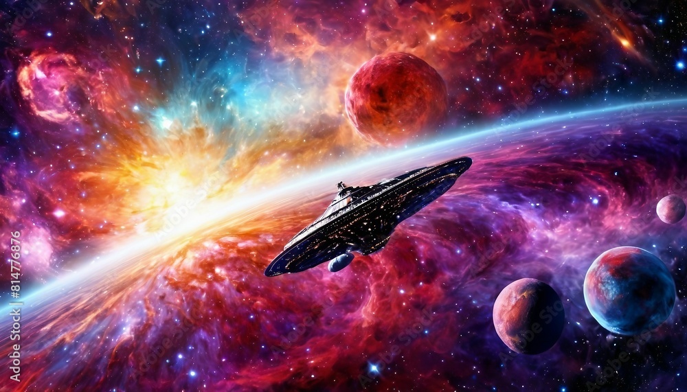 Wall mural abstract cosmic voyage background with spacecraft exploring distant galaxies and nebulae.