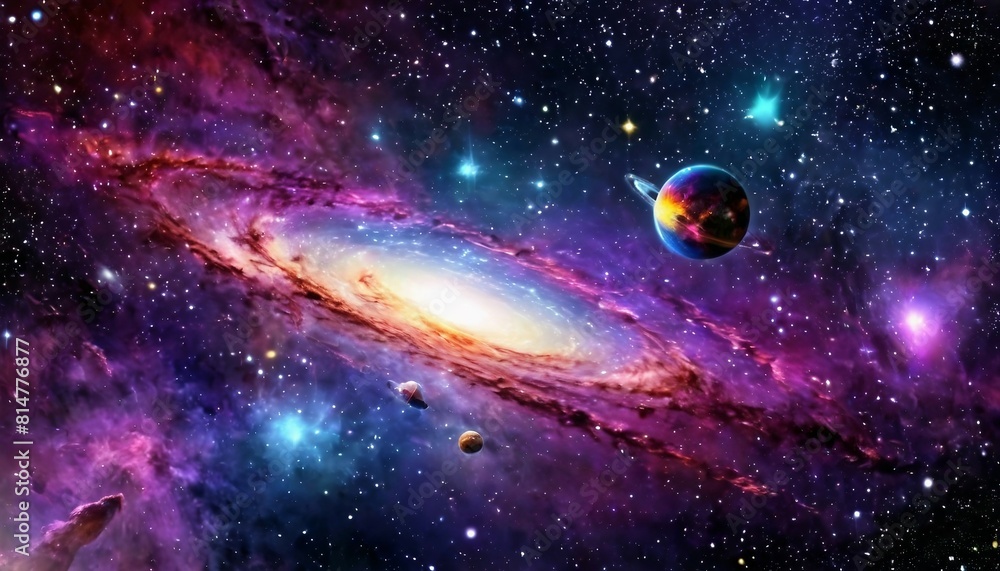 Wall mural abstract cosmic voyage background with spacecraft exploring distant galaxies and nebulae.