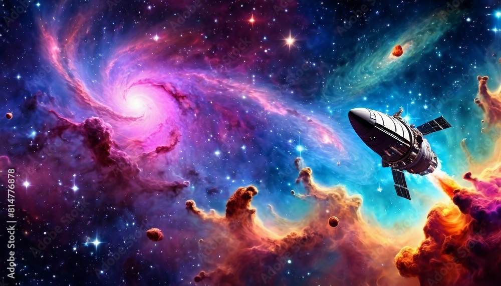 Wall mural abstract cosmic voyage background with spacecraft exploring distant galaxies and nebulae.
