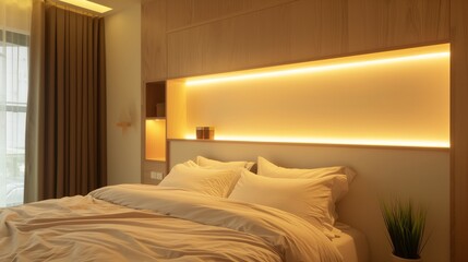 A minimalist bedroom with a custom, wall-mounted headboard and a built-in, ambient light strip