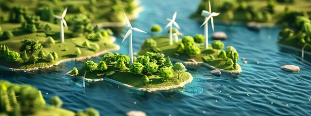 A 3D rendered diagram illustrating the environmental benefits of renewable energy technologies for