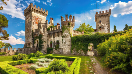 Fototapeta premium Old castle with strong towers flower garen, scenery of rich medieval house on sky background. Concept of nature, Italy, green plants, travel, country