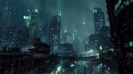 Storm in cyberpunk city at night, dramatic aerial view of modern buildings in rain. Concept of dystopia, future, skyscraper, background.