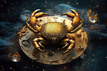 Zodiac sign of Cancer on stars background, luxury golden crab in space at night. Concept of sky, astrology, future, horoscope
